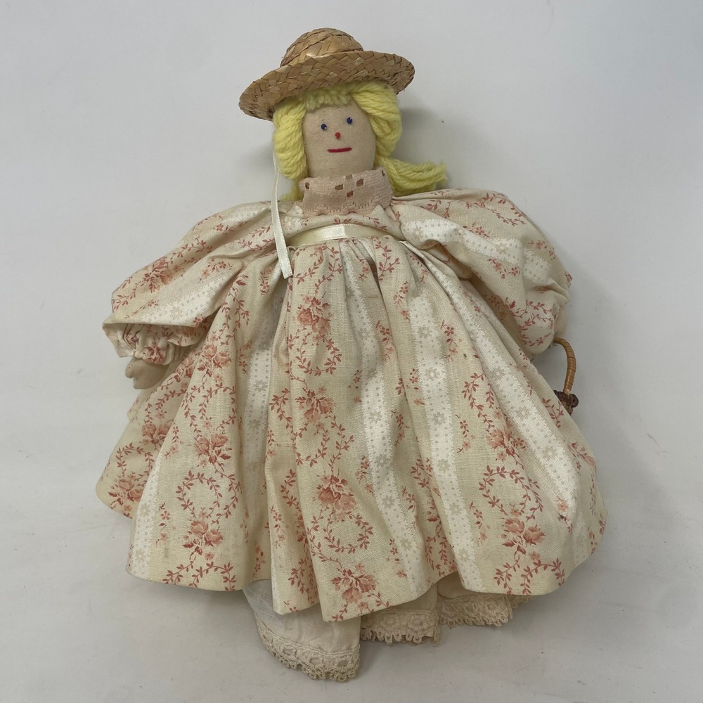 Handmade Charlotte I Slovick Cloth Rag Doll Floral Dress Straw Hat Wicker Basket